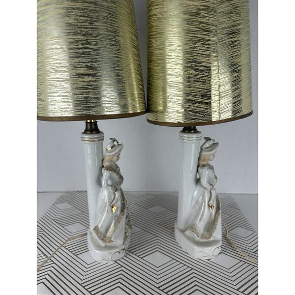 Porcelain Boudoir Table Lamp White And Gold Woman Figurine Vintage Set Of 2 15” - Picture 3 of 7